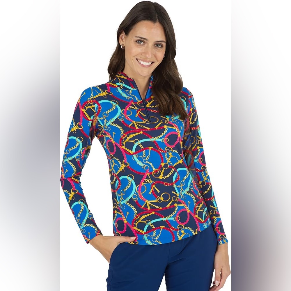 IBKUL Long Sleeve Zip Mock Neck Top in Zena Red Multi, Size Extra Small (XS)